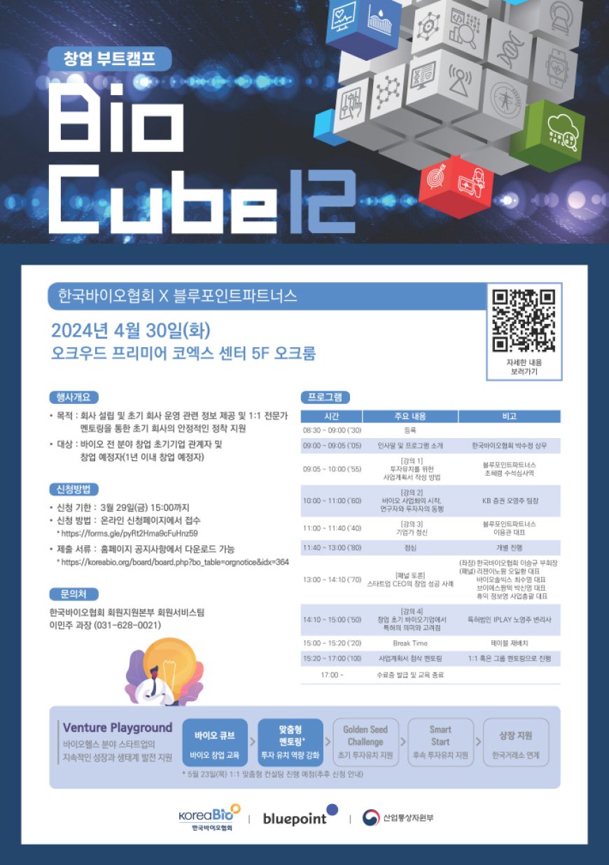 한국바이오협회-블루포인트파트너스,바이오 분야 창업 전문교육 ‘바이오큐브’ 개최