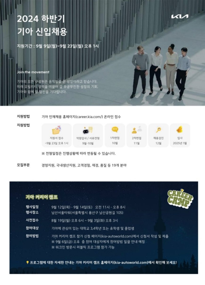 기아, 하반기 대졸 신입사원 채용…9/9(월)부터 9/23(월)까지 채용 홈페이지 통해 접수…19개 분야서 인재 모집